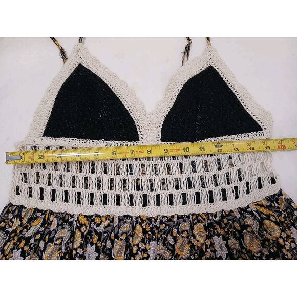 Forever 21 Crochet Floral Sundress L Black Babydoll Maxi Festival Hippie Gypsy - Picture 14 of 16